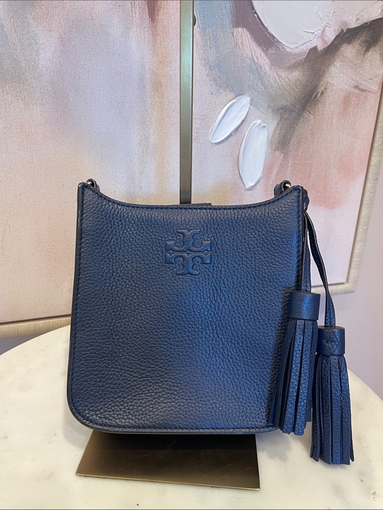 Tory Burch Handbags - Tory Burch Navy Pebbled Leather Crossbody with Tassel